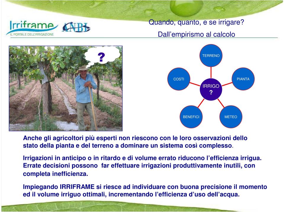 sistema così complesso. Irrigazioni in anticipo o in ritardo e di volume errato riducono l efficienza irrigua.