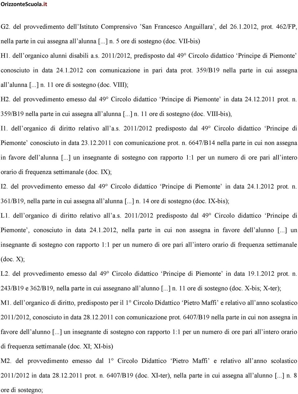 359/B19 nella parte in cui assegna all alunna [...] n. 11 ore di sostegno (doc. VIII); H2. del provvedimento emesso dal 49 Circolo didattico Principe di Piemonte in data 24.12.2011 prot. n. 359/B19 nella parte in cui assegna all alunna [.