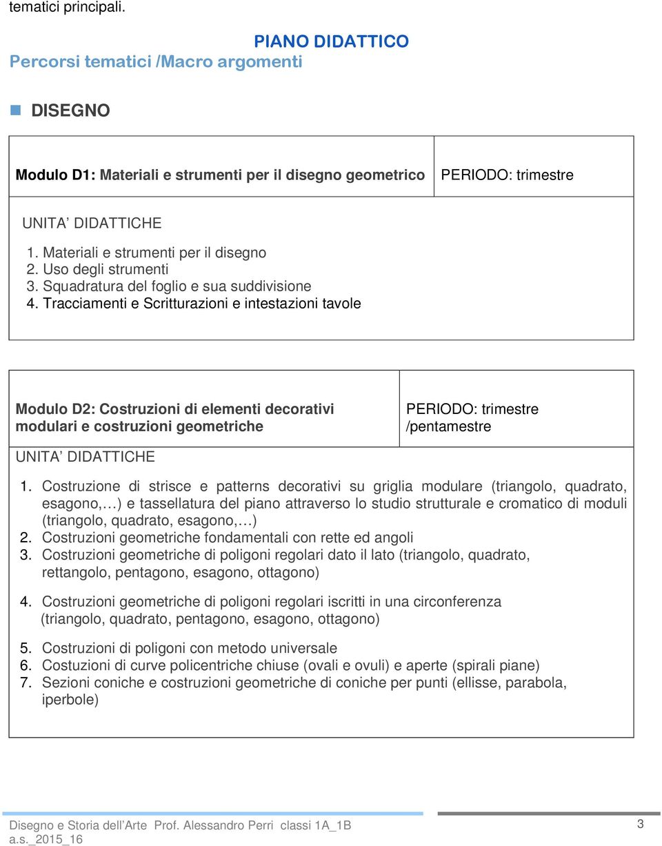 Tracciamenti e Scritturazioni e intestazioni tavole Modulo D2: Costruzioni di elementi decorativi modulari e costruzioni geometriche PERIODO: trimestre /pentamestre 1.