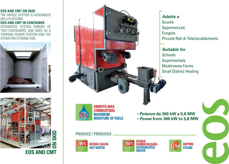 Schools Supermarkets Mushrooms Farms Small District Heating UMIDITÀ MAX COMBUSTIBILI MAXIMUM MOISTURE OF FUELS Potenze da 300 kw a 5,8 MW Power