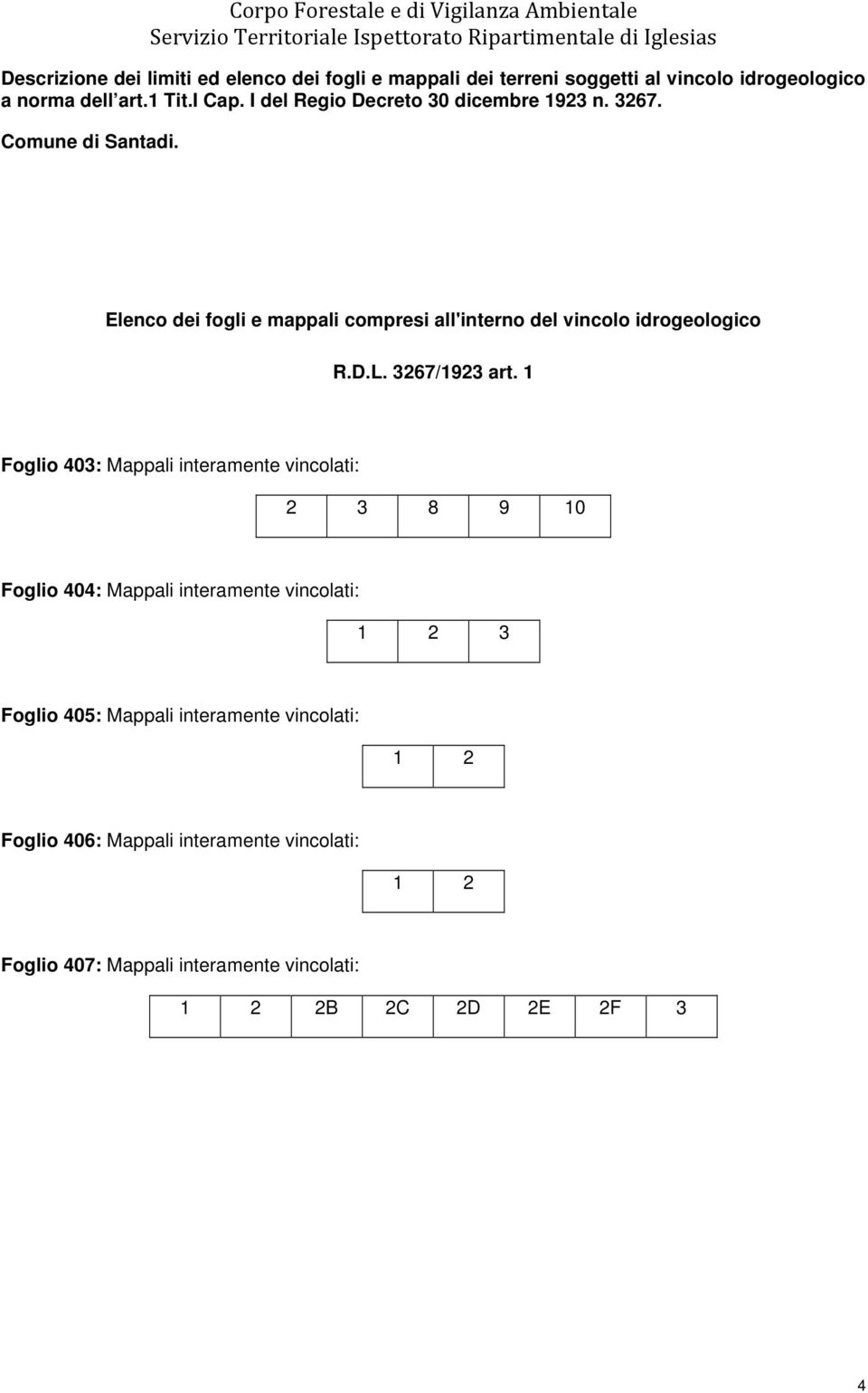 Elenco dei fogli e mappali compresi all'interno del vincolo idrogeologico R.D.L. 3267/1923 art.
