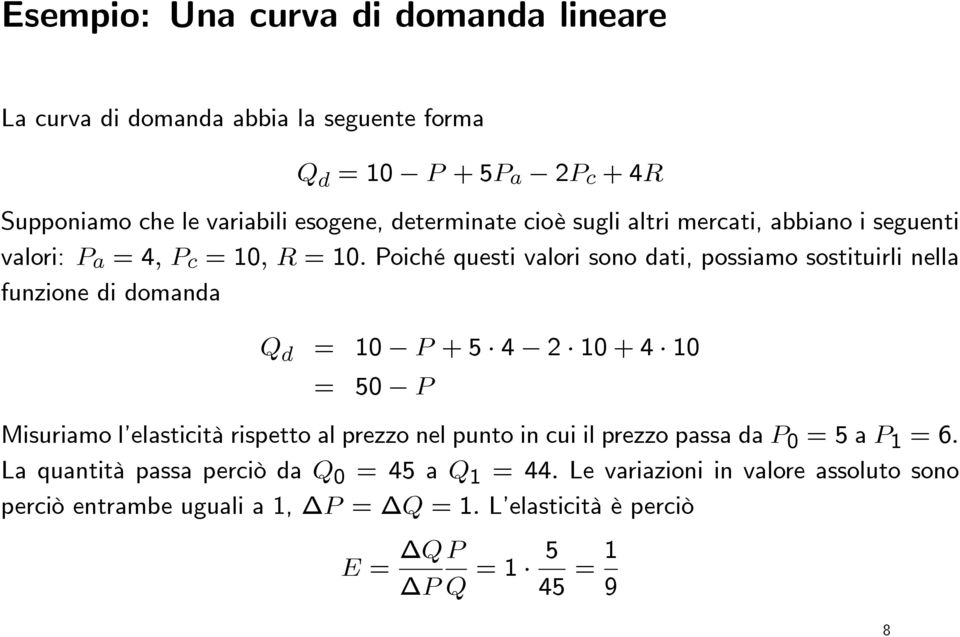 Poiché questi valori sono dati, possiamo sostituirli nella funzione di domanda Q d = 10 P +5 4 2 10 + 4 10 = 50 P Misuriamo l elasticità rispetto al