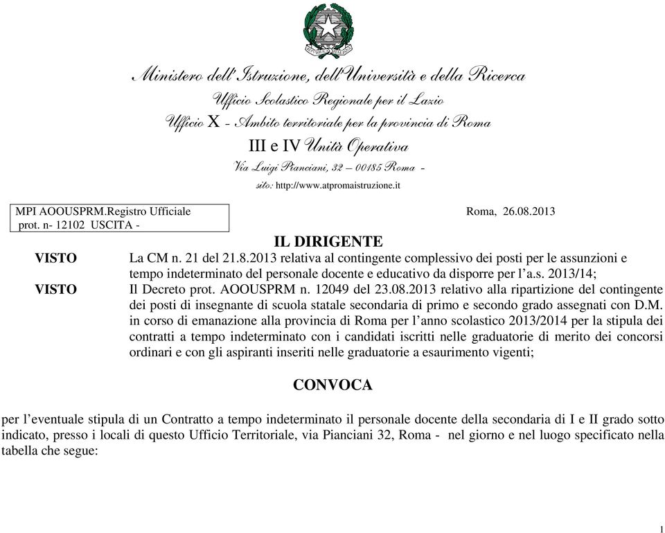 Unità Operativa Via Luigi Pianciani, 32 00185 Roma - sito: http://www.atpromaistruzione.it Roma, 26.08.2013 IL DIRIGENTE La CM n. 21 del 21.8.2013 relativa al contingente complessivo dei posti per le assunzioni e tempo indeterminato del personale docente e educativo da disporre per l a.