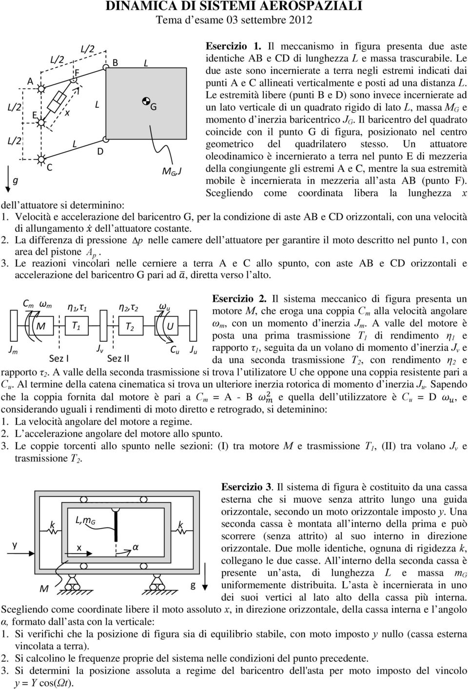 e estremità libere punti B e D sono invece incernierate ad / un lato verticale di un quadrato rigido di lato, massa M e E x momento d inerzia baricentrico J.