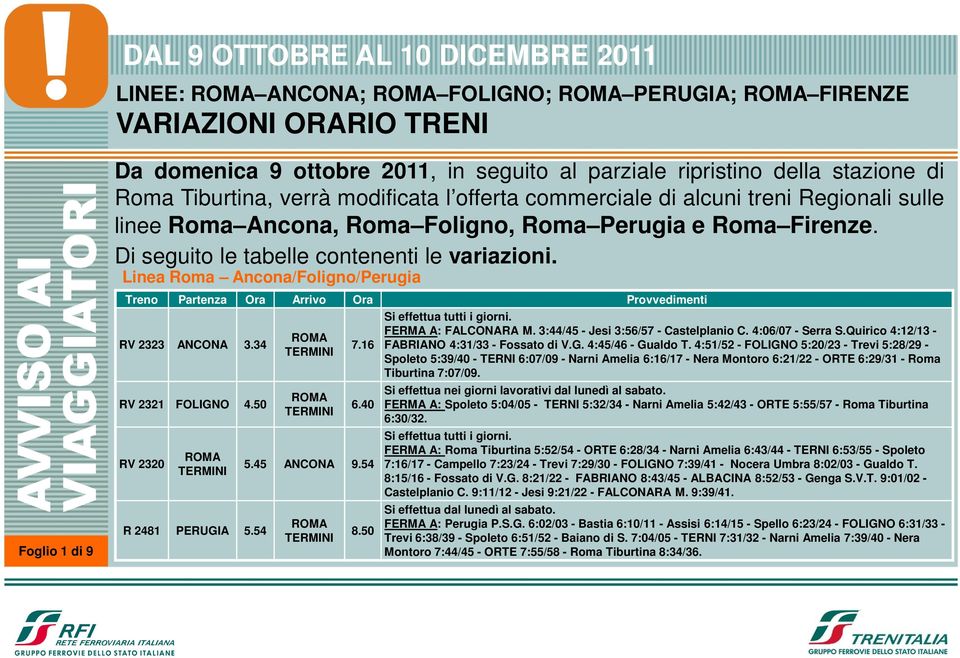Linea Roma Ancona/Foligno/Perugia RV 2323 ANCONA 3.34 RV 2321 FOLIGNO 4.50 RV 2320 R 2481 PERUGIA 5.54 7.16 6.40 5.45 ANCONA 9.54 8.50 FERMA A: FALCONARA M. 3:44/45 - Jesi 3:56/57 - Castelplanio C.