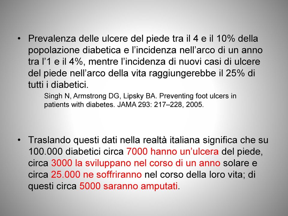 Preventing foot ulcers in patients with diabetes. JAMA 293: 217 228, 2005. Traslando questi dati nella realtà italiana significa che su 100.