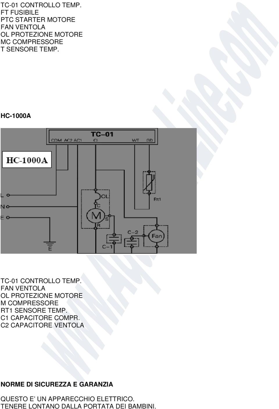 TEMP. HC-1000A  FAN VENTOLA OL PROTEZIONE MOTORE M COMPRESSORE RT1 SENSORE TEMP.