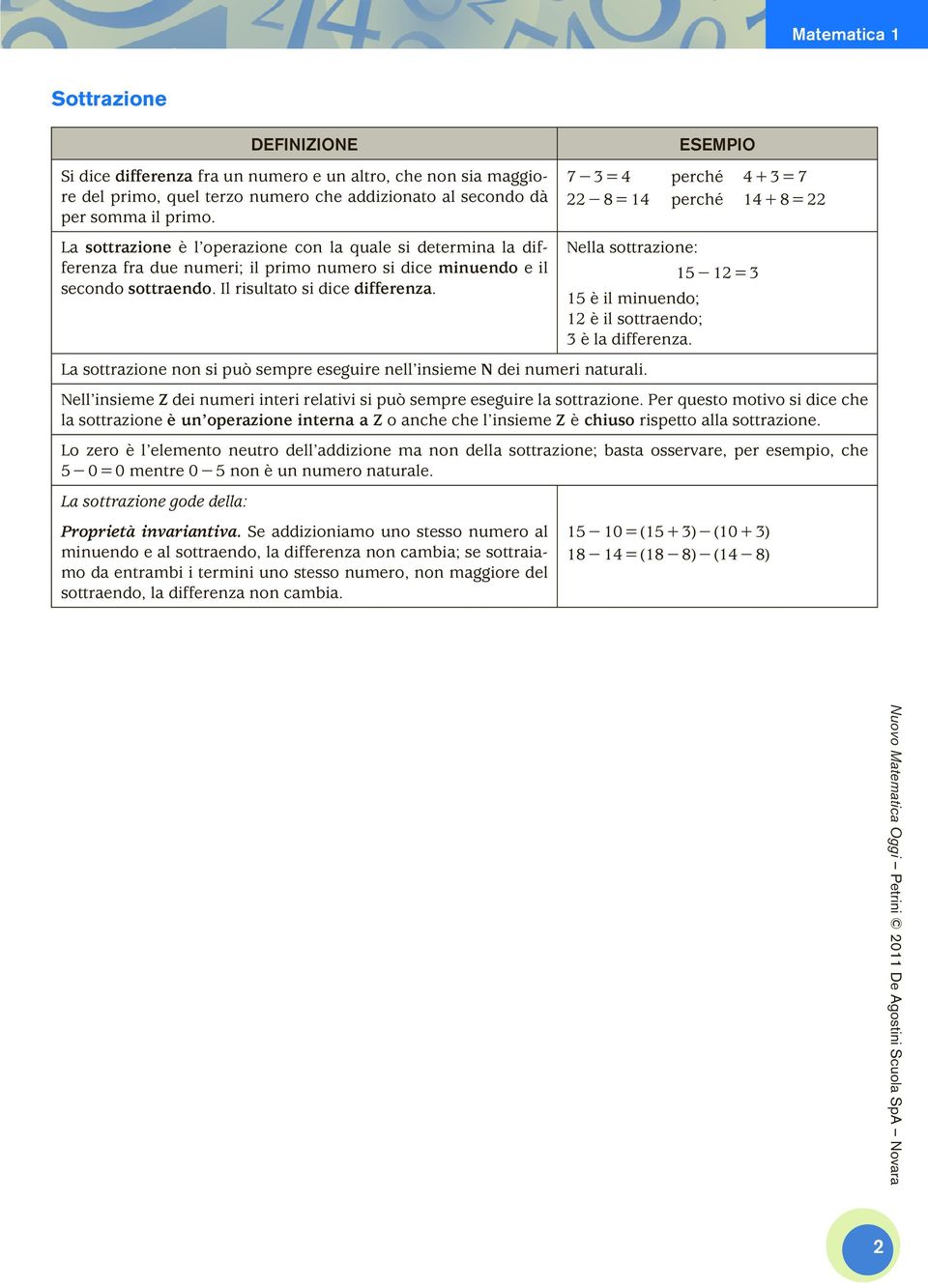 7-3 = 4 perché 4 + 3 = 7 22-8 = 14 perché 14 + 8 = 22 Nella sottrazione: 15-12 = 3 15 è il minuendo; 12 è il sottraendo; 3 è la differenza.