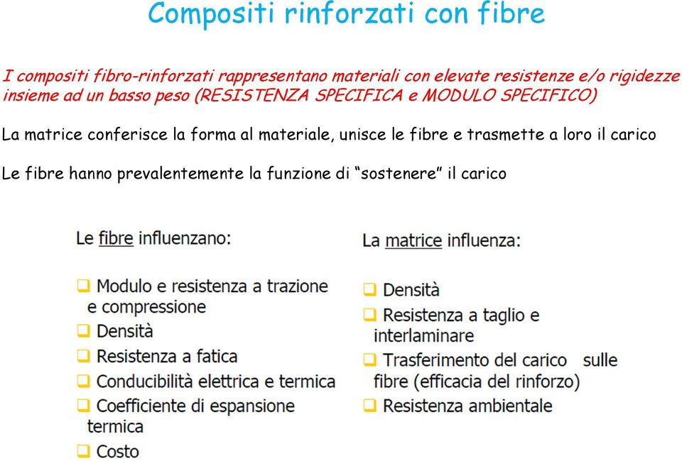 MODULO SPECIFICO) La matrice conferisce la forma al materiale, unisce le fibre e