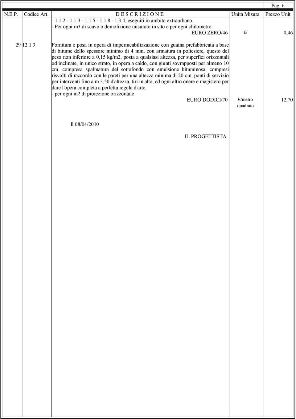 impermeabilizzazione con guaina prefabbricata a base di bitume dello spessore minimo di 4 mm, con armatura in poliestere, questo del peso non inferiore a 0,15 kg/m2, posta a qualsiasi altezza, per