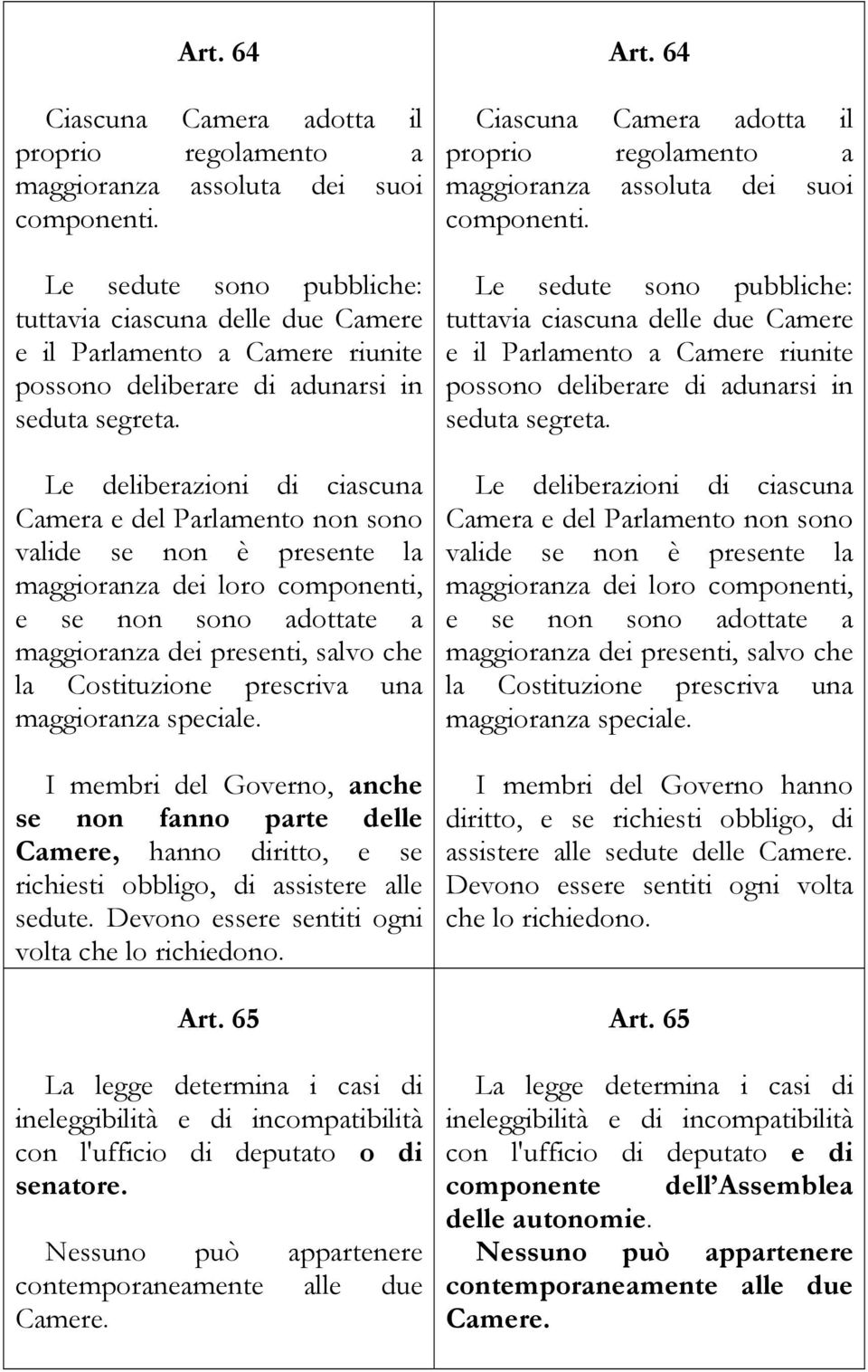 Le deliberazioni di ciascuna Camera e del Parlamento non sono valide se non è presente la maggioranza dei loro componenti, e se non sono adottate a maggioranza dei presenti, salvo che la Costituzione