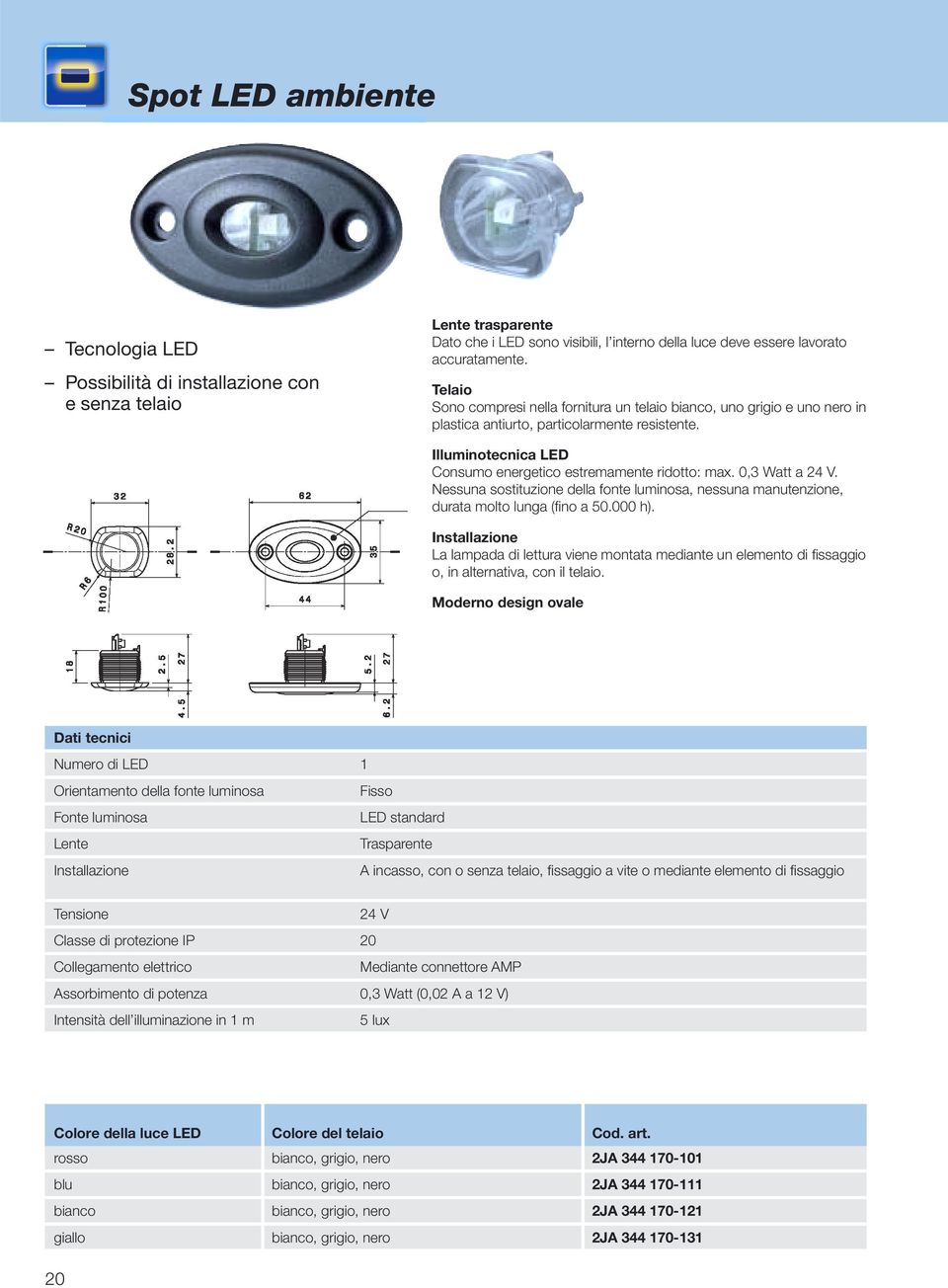 0,3 Watt a 24 V. Nessuna sostituzione della fonte luminosa, nessuna manutenzione, durata molto lunga (fi no a 50.000 h).