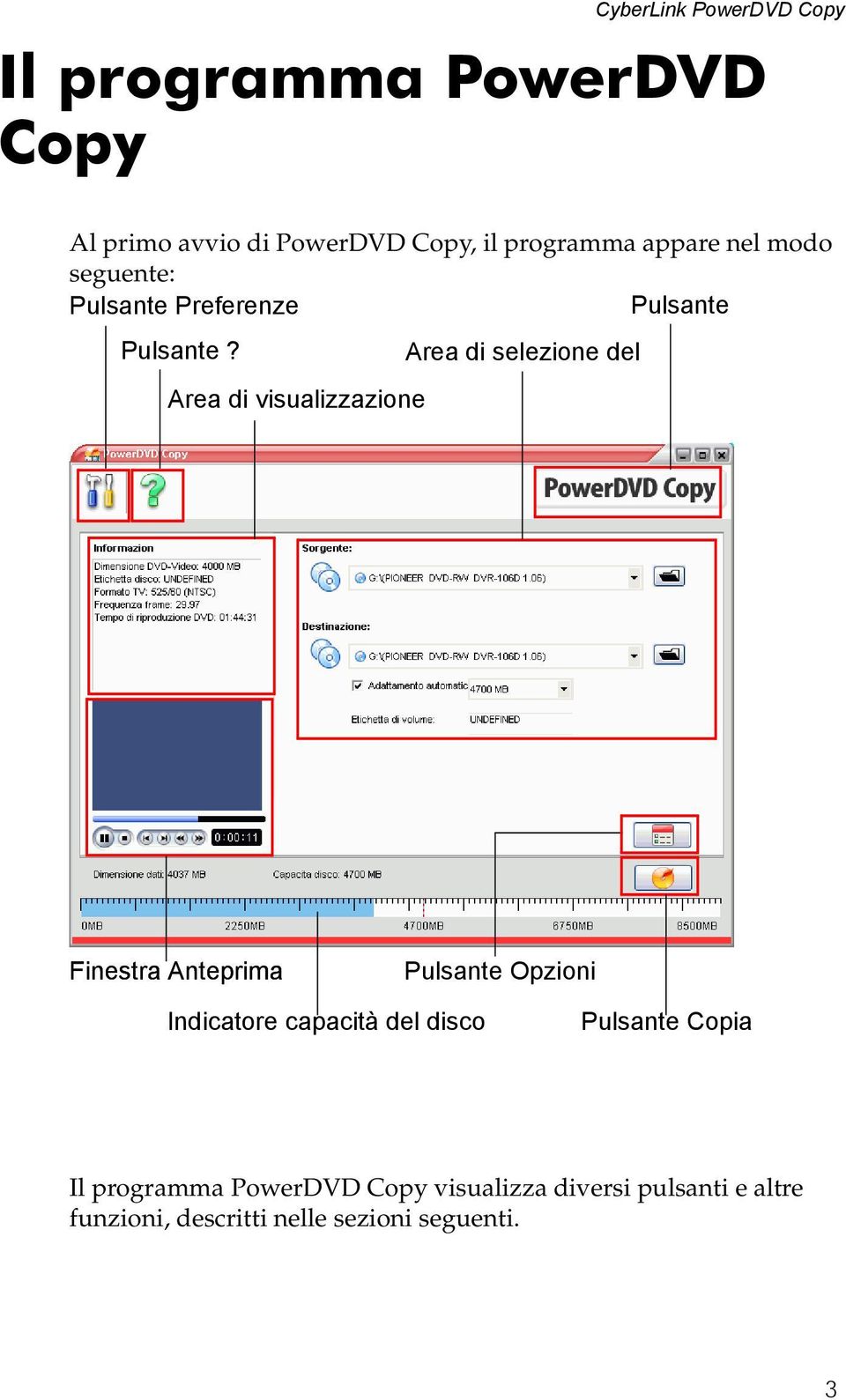 Area di selezione del Area di visualizzazione Finestra Anteprima Pulsante Opzioni Indicatore