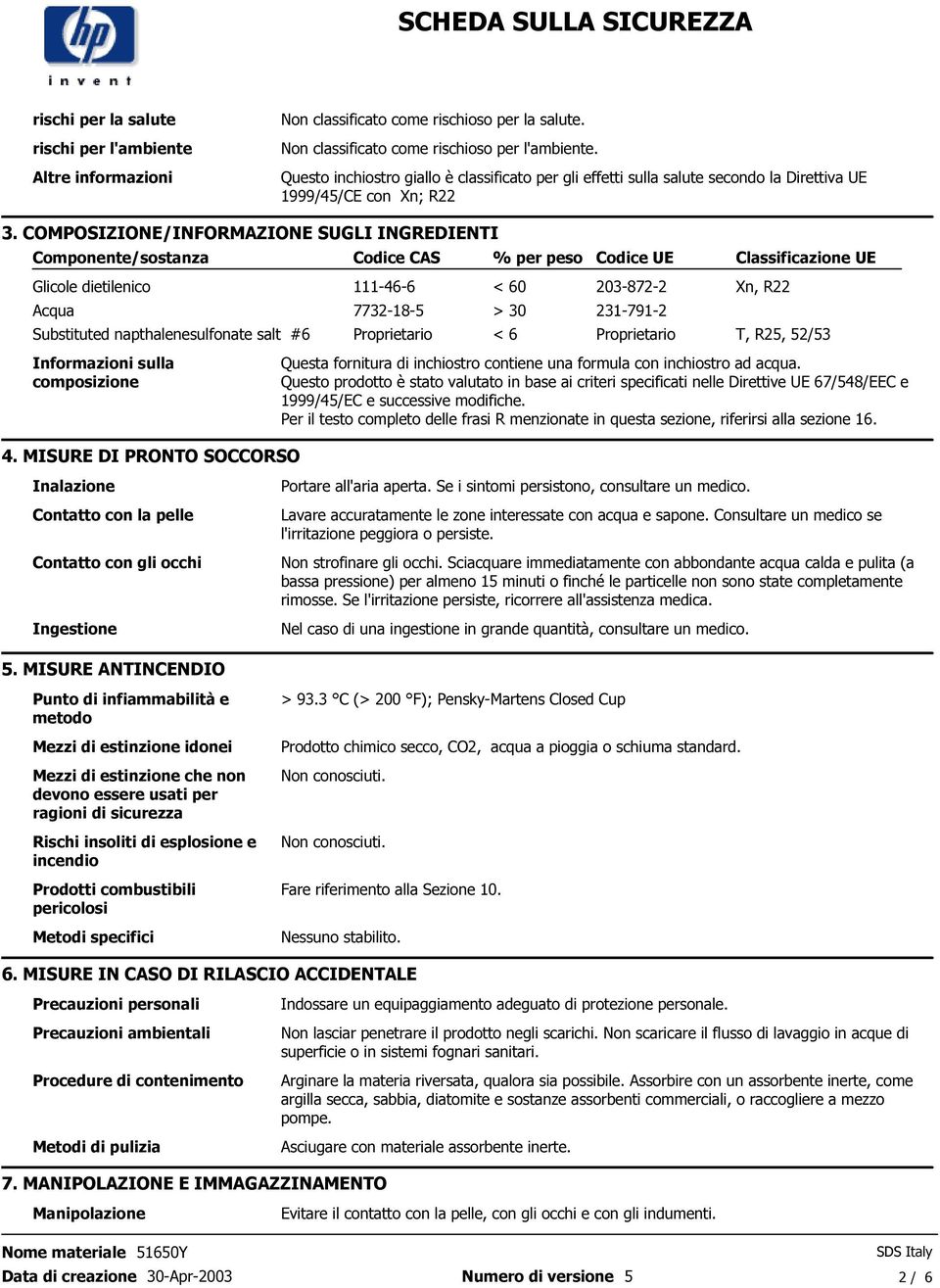 Codice UE 203-872-2 Acqua 7732-18-5 > 30 231-791-2 Classificazione UE Xn, R22 Substituted napthalenesulfonate salt #6 Proprietario < 6 Proprietario T, R25, 52/53 Informazioni sulla composizione