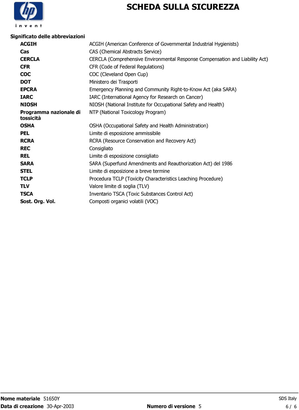 Cup) Ministero dei Trasporti Emergency Planning and Community Right-to-Know Act (aka SARA) IARC (International Agency for Research on Cancer) NIOSH (National Institute for Occupational Safety and