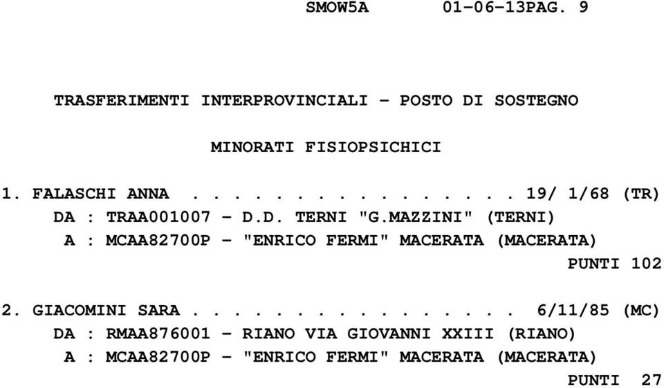 MAZZINI" (TERNI) A : MCAA82700P - "ENRICO FERMI" MACERATA (MACERATA) PUNTI 102 2. GIACOMINI SARA.