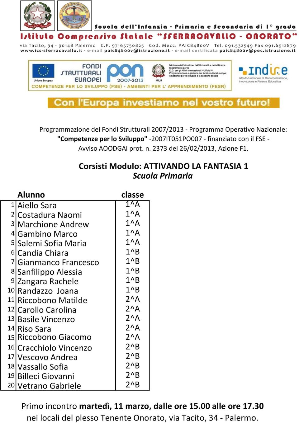 Carollo Carolina 2^A 13 Basile Vincenzo 2^A 14 Riso Sara 2^A 15 Riccobono Giacomo 2^A 16 Cracchiolo Vincenzo 2^B 17 Vescovo