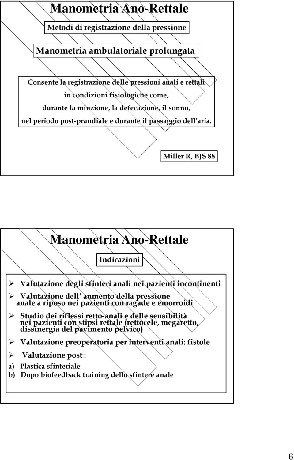 Miller R, BJS 88 Indicazioni Valutazione degli sfinteri anali nei pazienti incontinenti Valutazione dell aumento della pressione anale a riposo nei pazienti con ragade e emorroidi Studio