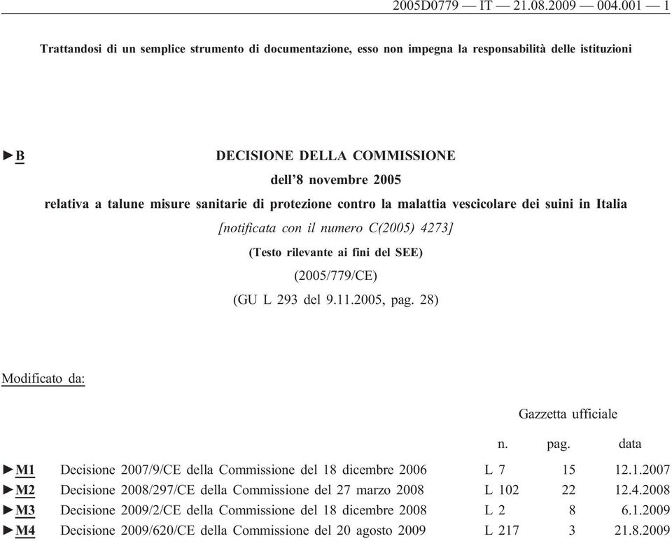 sanitarie di protezione contro la malattia vescicolare dei suini in Italia [notificata con il numero C(2005) 4273] (Testo rilevante ai fini del SEE) (2005/779/CE) (GU L 293 del 9.11.2005, pag.