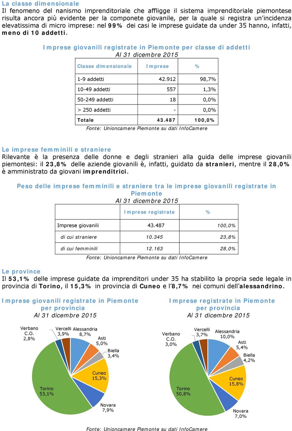 giovanili registrate in Piemonte per classe di addetti Classe dimensionale % 1-9 addetti 42.912 98,7% 10-49 addetti 557 1,3% 50-249 addetti 18 0,0% > 250 addetti - 0,0% Totale 43.