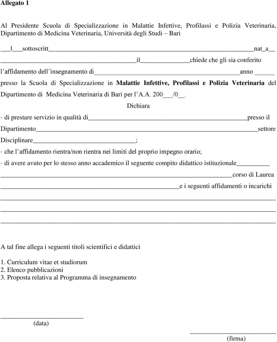 Veterinaria di Bari per l A.A. 200 /0.