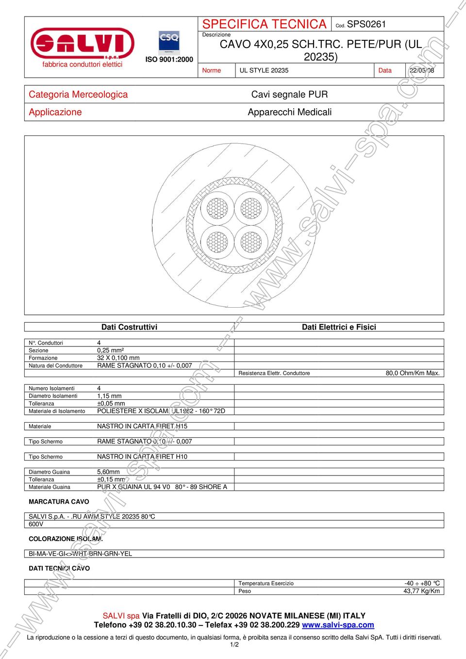 POLIESTERE X ISOLAM. UL1982-160 72D Resistenza Elettr. Conduttore 80,0 Ohm/Km Max.