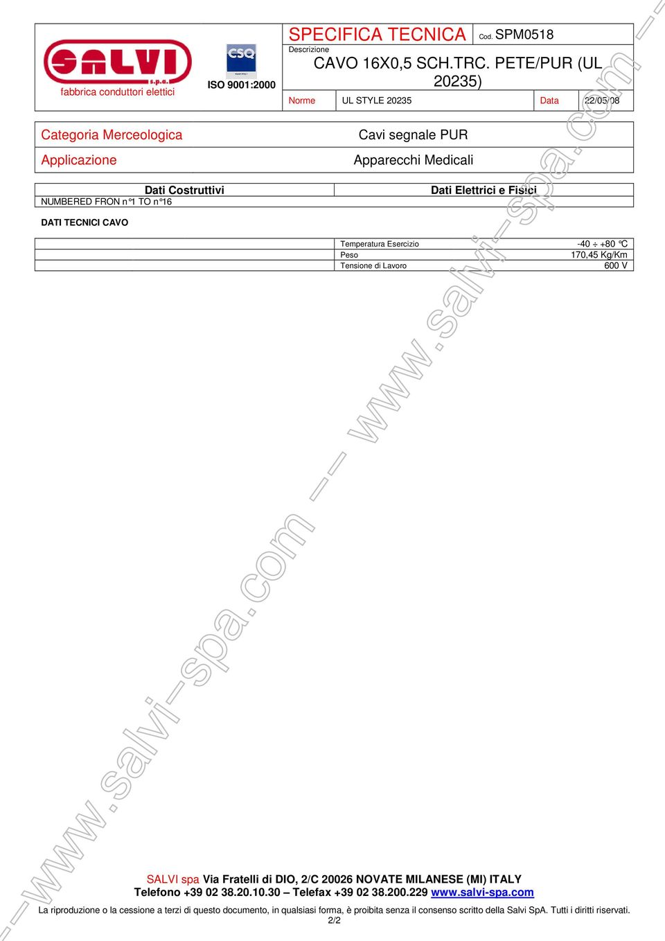 DATI TECNICI CAVO Temperatura Esercizio -40