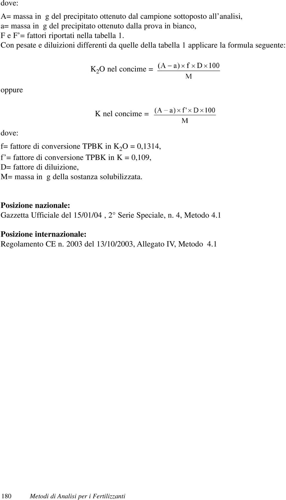 Con pesate e diluizioni differenti da quelle della tabella 1 applicare la formula seguente: oppure K 2 O nel concime = K nel concime = dove: f= fattore di conversione TPBK in K 2