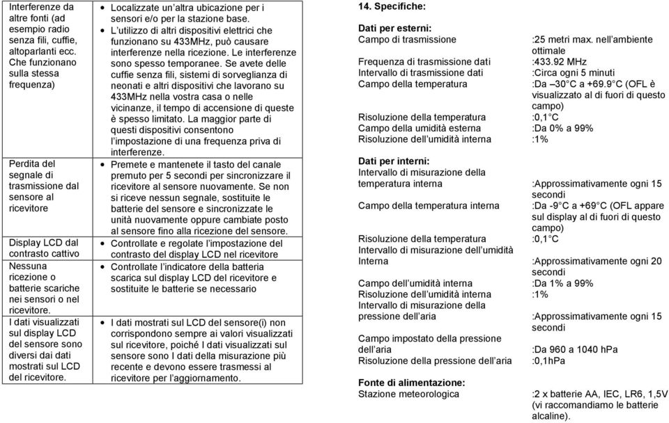 ricevitore. I dati visualizzati sul display LCD del sensore sono diversi dai dati mostrati sul LCD del ricevitore. Localizzate un altra ubicazione per i sensori e/o per la stazione base.