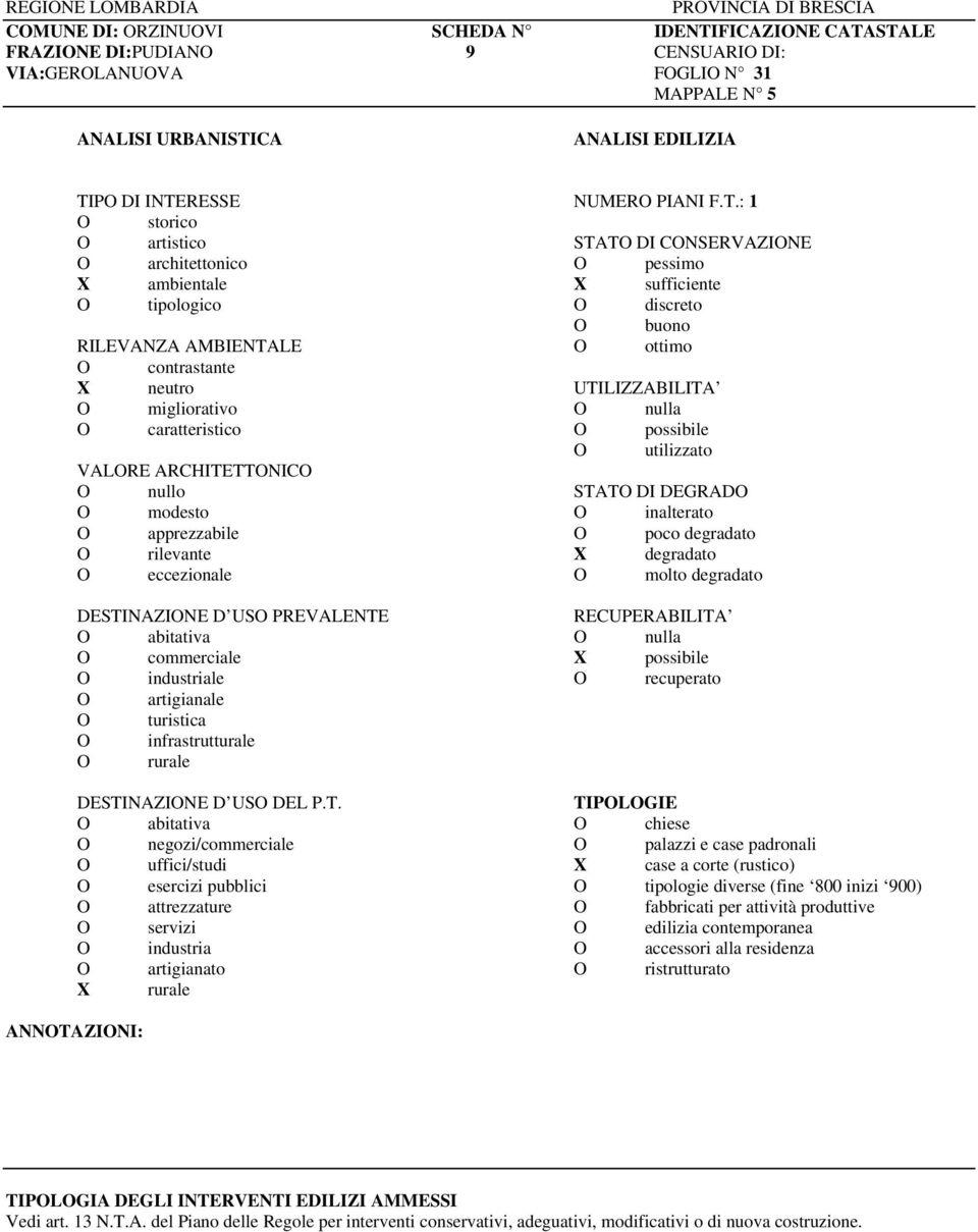 T.: 1 X ambientale X sufficiente O utilizzato O rilevante