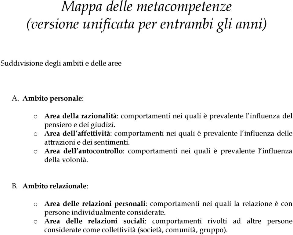 o Area dell affettività: comportamenti nei quali è prevalente l influenza delle attrazioni e dei sentimenti.