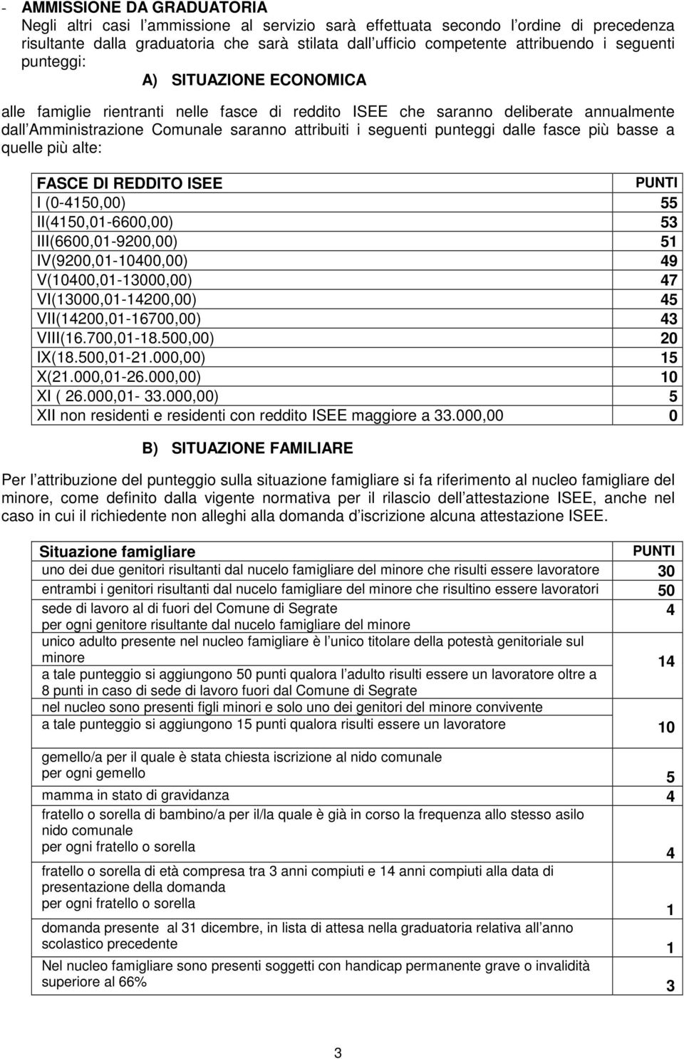 punteggi dalle fasce più basse a quelle più alte: FASCE DI REDDITO ISEE PUNTI I (0-4150,00) 55 II(4150,01-6600,00) 53 III(6600,01-9200,00) 51 IV(9200,01-10400,00) 49 V(10400,01-13000,00) 47