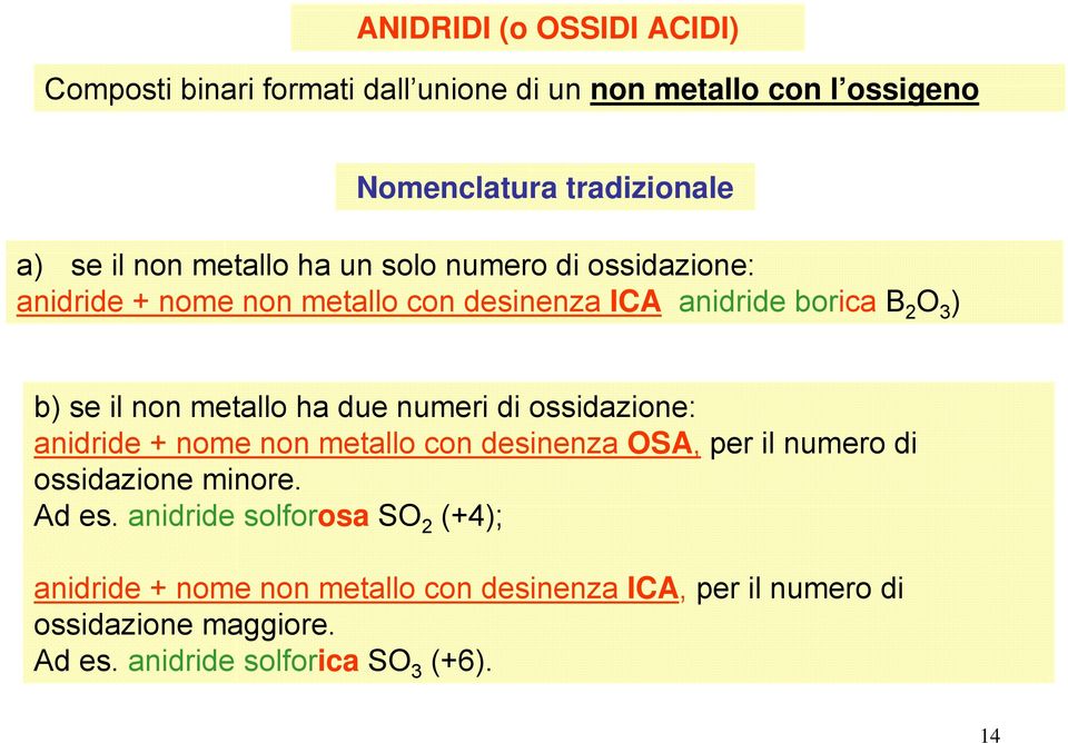 ha due numeri di ossidazione: anidride + nome non metallo con desinenza OSA, per il numero di ossidazione minore. Ad es.