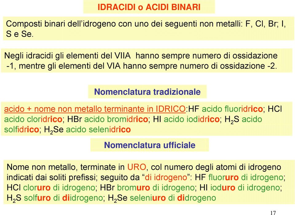 Nomenclatura tradizionale acido + nome non metallo terminante in IDRICO:HF acido fluoridrico; HCl acido cloridrico; HBr acido bromidrico; HI acido iodidrico; H 2 S acido solfidrico; H 2 Se