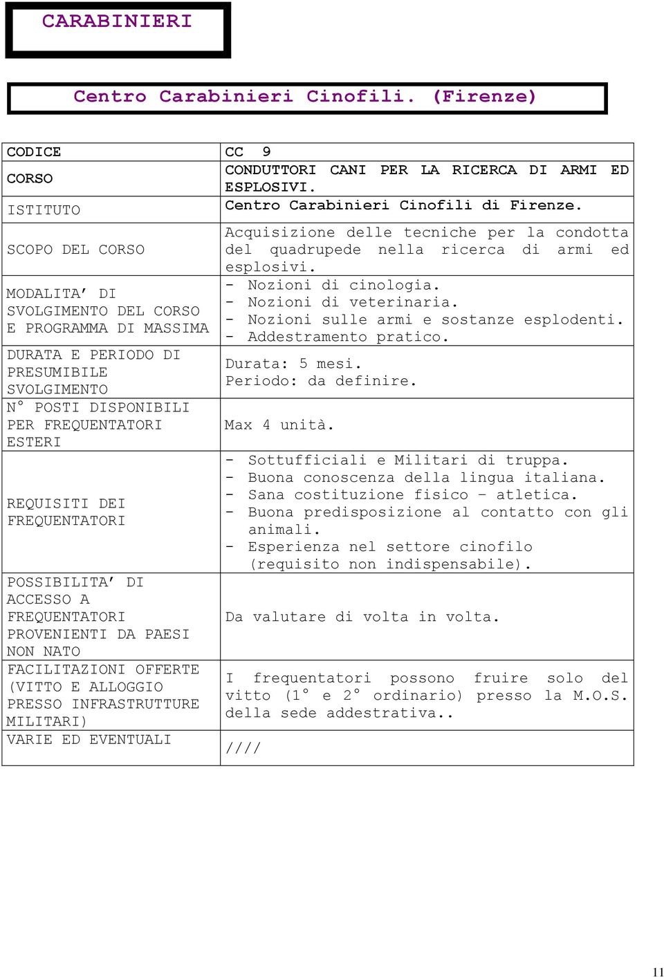 PRESSO INFRASTRUTTURE MILITARI) VARIE ED EVENTUALI Acquisizione delle tecniche per la condotta del quadrupede nella ricerca di armi ed esplosivi. - Nozioni di cinologia. - Nozioni di veterinaria.