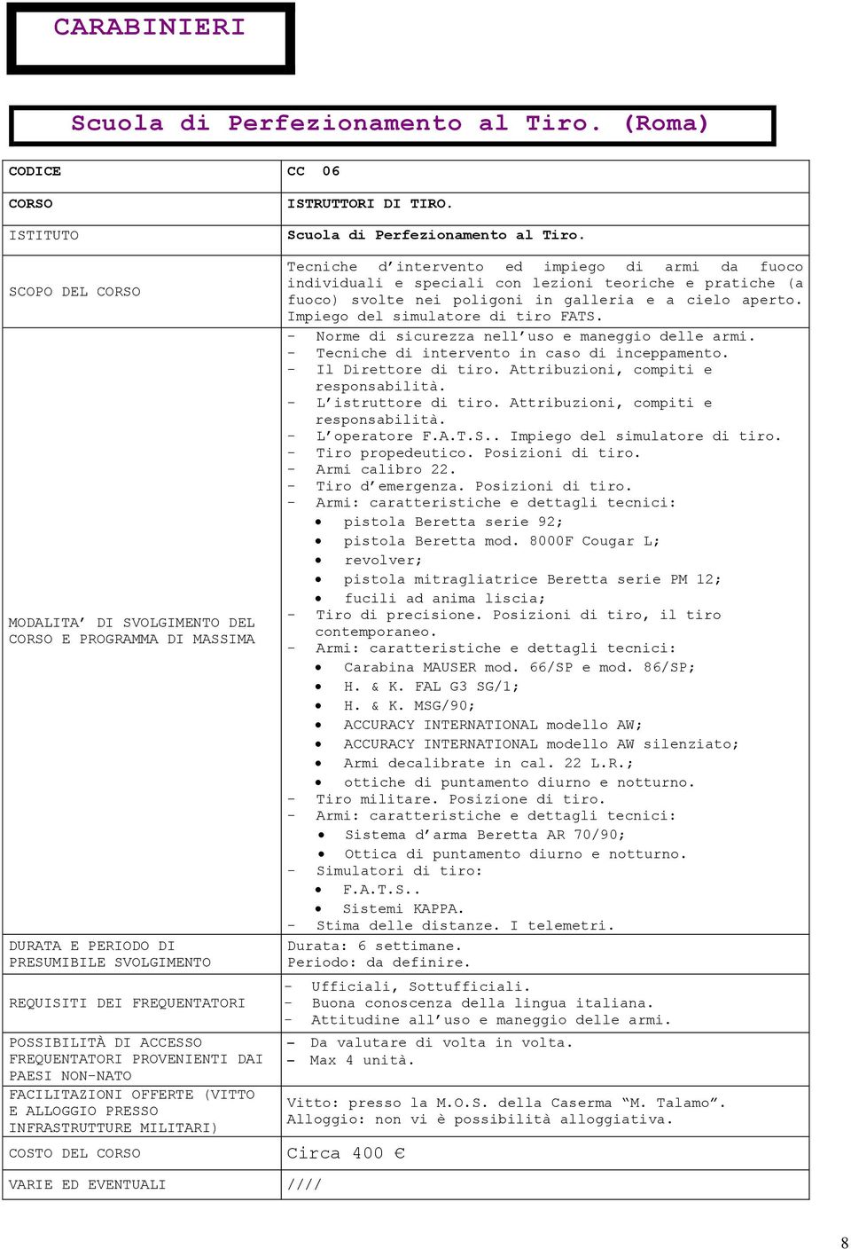 COSTO DEL Circa 400 VARIE ED EVENTUALI Tecniche d intervento ed impiego di armi da fuoco individuali e speciali con lezioni teoriche e pratiche (a fuoco) svolte nei poligoni in galleria e a cielo