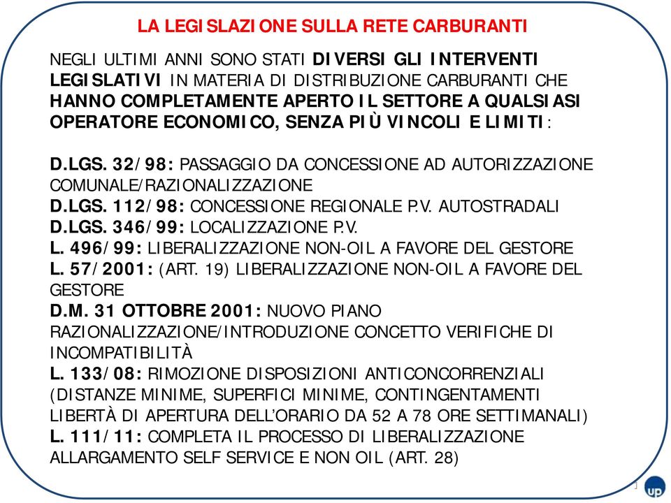 V. L. 496/99: LIBERALIZZAZIONE NON-OIL A FAVORE DEL GESTORE L. 57/2001: (ART. 19) LIBERALIZZAZIONE NON-OIL A FAVORE DEL GESTORE D.M.