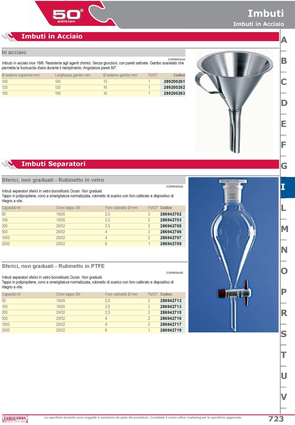 Ø esterno superiore mm Lunghezza gambo mm Ø esterno gambo mm Pz/CF Codice 100 100 13 1 289200261 120 120 16 1 289200262 150 150 16 1 289200263 A B C D E F Imbuti Separatori Sferici, non graduati -