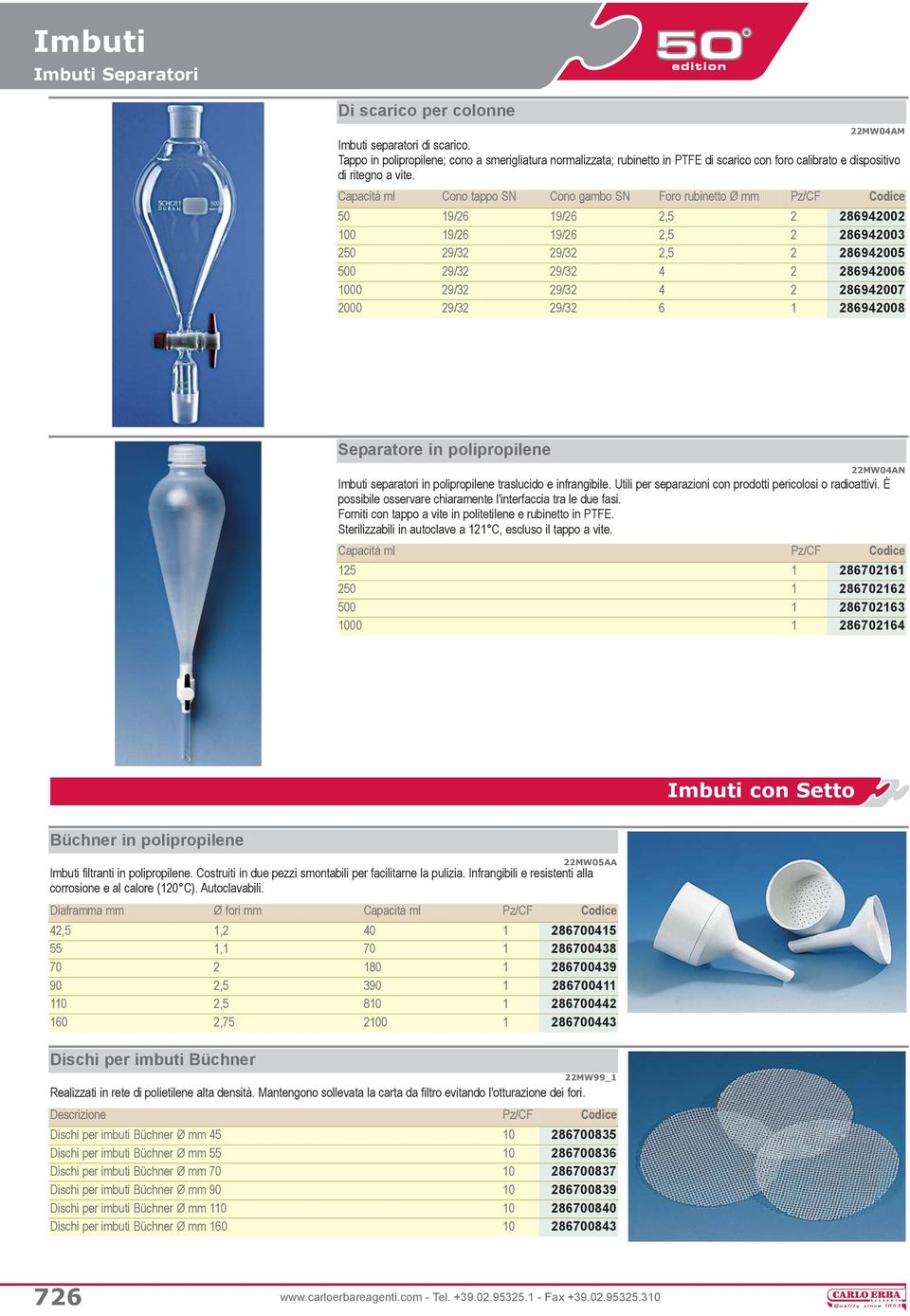 Capacità ml Cono tappo SN Cono gambo SN Foro rubinetto Ø mm Pz/CF Codice 50 19/26 19/26 2,5 2 286942002 100 19/26 19/26 2,5 2 286942003 250 29/32 29/32 2,5 2 286942005 500 29/32 29/32 4 2 286942006