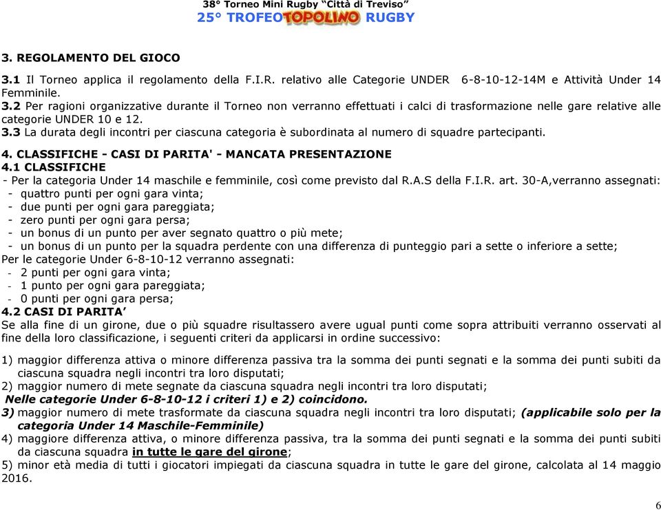 1 CLASSIFICHE - Per la categoria Under 14 maschile e femminile, così come previsto dal R.A.S della F.I.R. art.