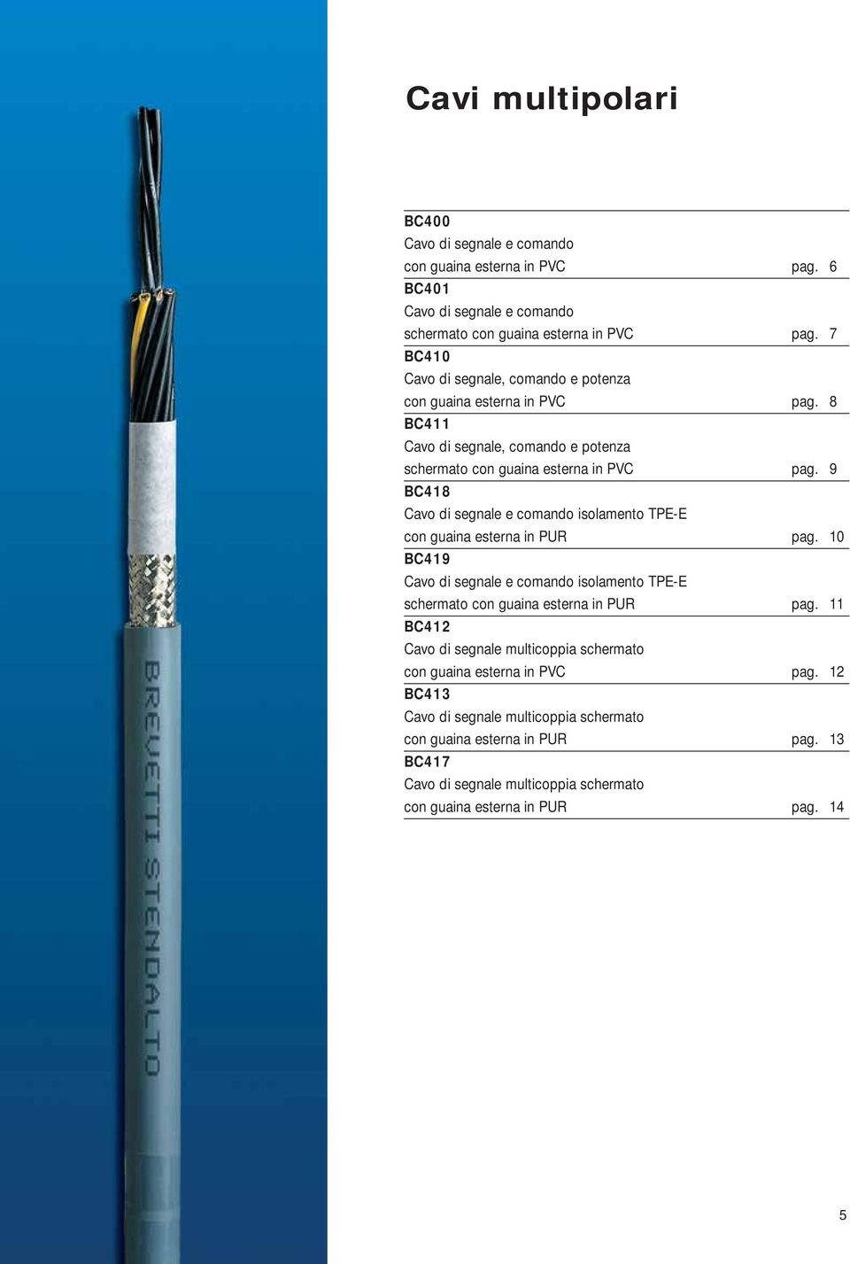 9 BC418 Cavo di segnale e comando isolamento TPE-E con guaina esterna in PUR pag. 10 BC419 Cavo di segnale e comando isolamento TPE-E schermato con guaina esterna in PUR pag.