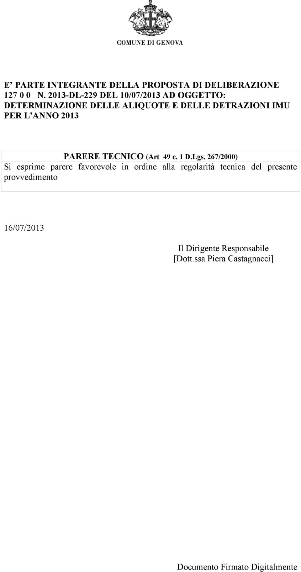 ANNO 2013 PARERE TECNICO (Art 49 c. 1 D.Lgs.
