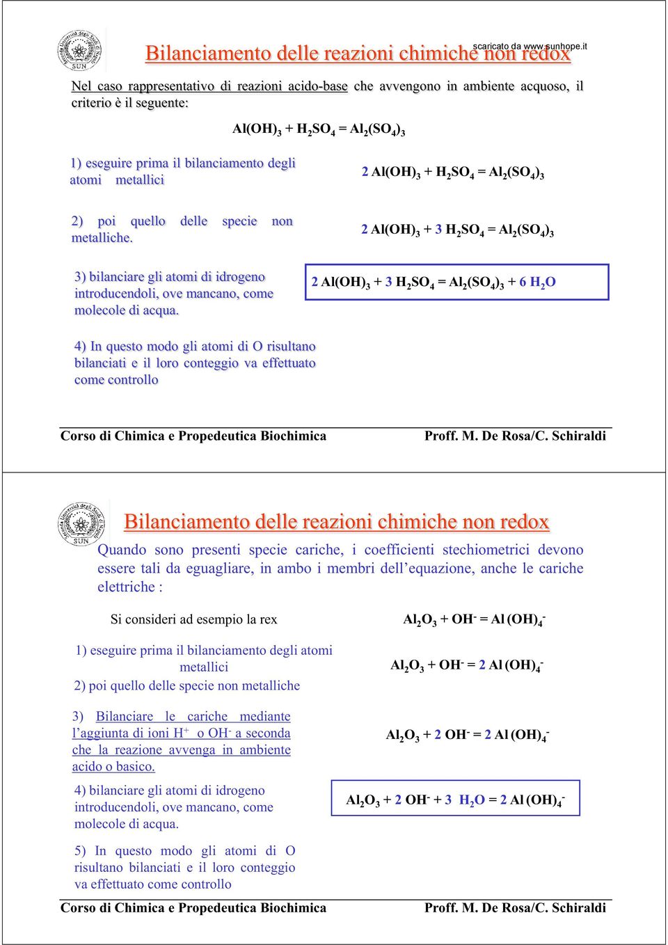 2 Al(OH) 3 + 3 H 2 SO 4 = Al 2 (SO 4 ) 3 3) bilanciare gli atomi di idrogeno introducendoli, ove mancano, come molecole di acqua.