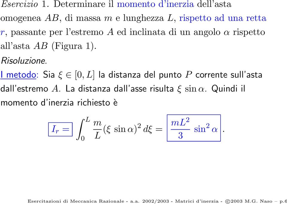 estremo A ed inclinata di un angolo α rispetto all asta AB (Figura 1). Risoluzione.