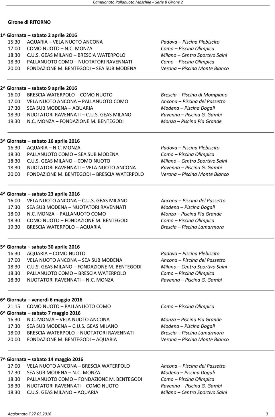 BENTEGODI SEA SUB MODENA Verona Piscina Monte Bianco 2^ Giornata sabato 9 aprile 2016 16:00 BRESCIA WATERPOLO COMO NUOTO Brescia Piscina di Mompiano 17:00 VELA NUOTO ANCONA PALLANUOTO COMO Ancona