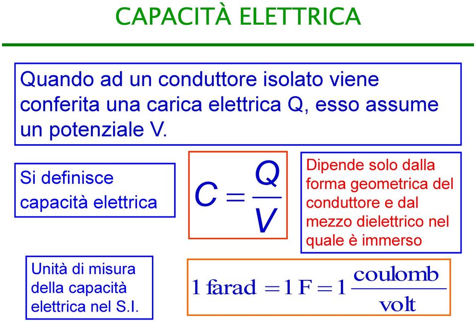Si definisce capacià elerica Unià di misura della capacià elerica nel S.I.