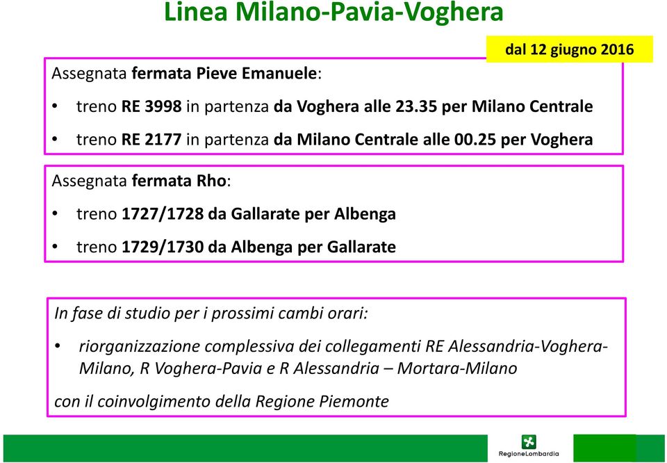 25 per Voghera Assegnata fermata Rho: treno 1727/1728 da Gallarate per Albenga treno 1729/1730 da Albenga per Gallarate In fase di