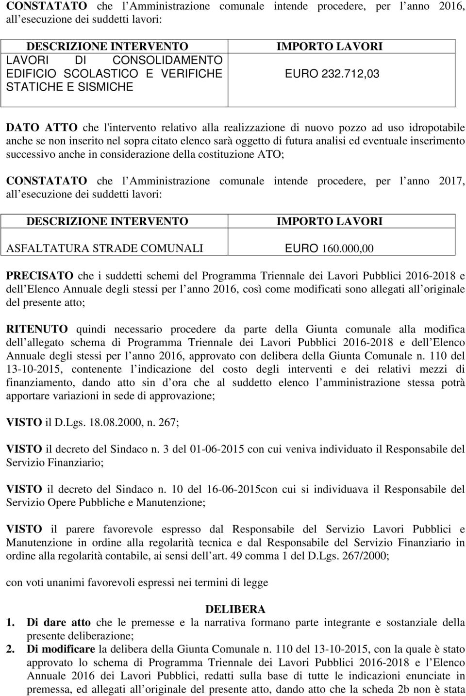 712,03 DATO ATTO che l'intervento relativo alla realizzazione di nuovo pozzo ad uso idropotabile anche se non inserito nel sopra citato elenco sarà oggetto di futura analisi ed eventuale inserimento