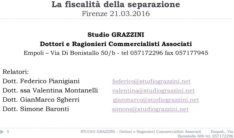 057177945 Relatori: Dott. Federico Pianigiani federico@studiograzzini.net Dott.