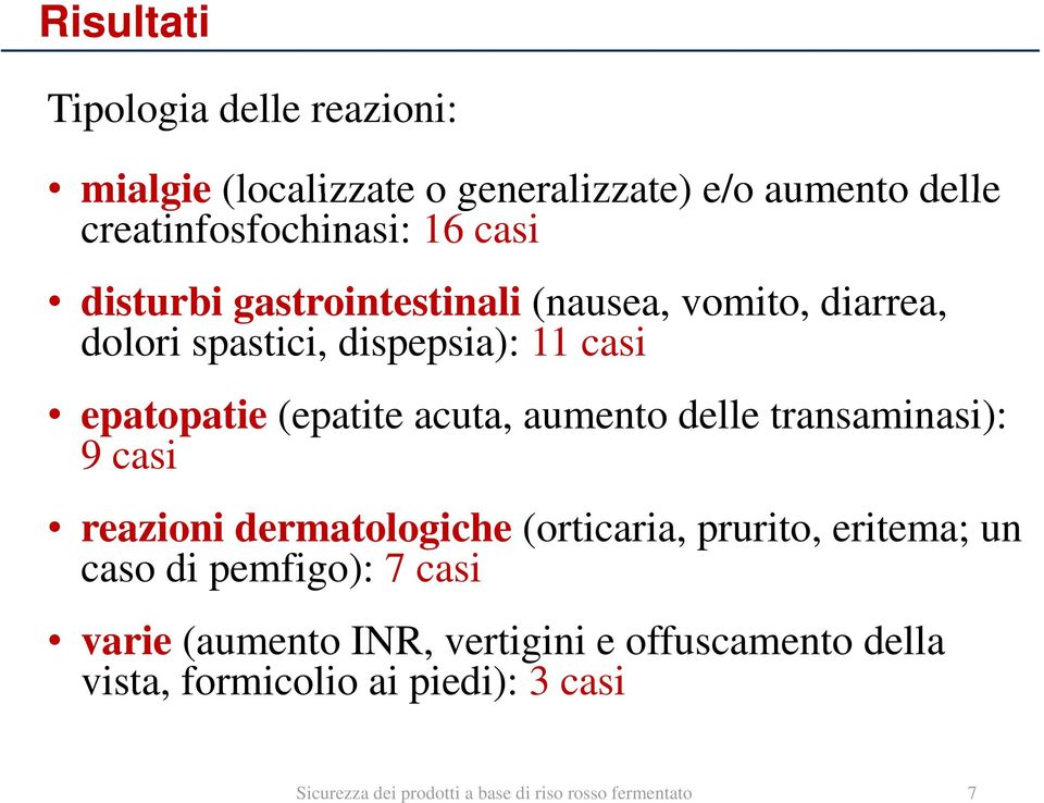 aumento delle transaminasi): i) 9 casi reazioni dermatologiche (orticaria, prurito, eritema; un caso di pemfigo): 7 casi varie